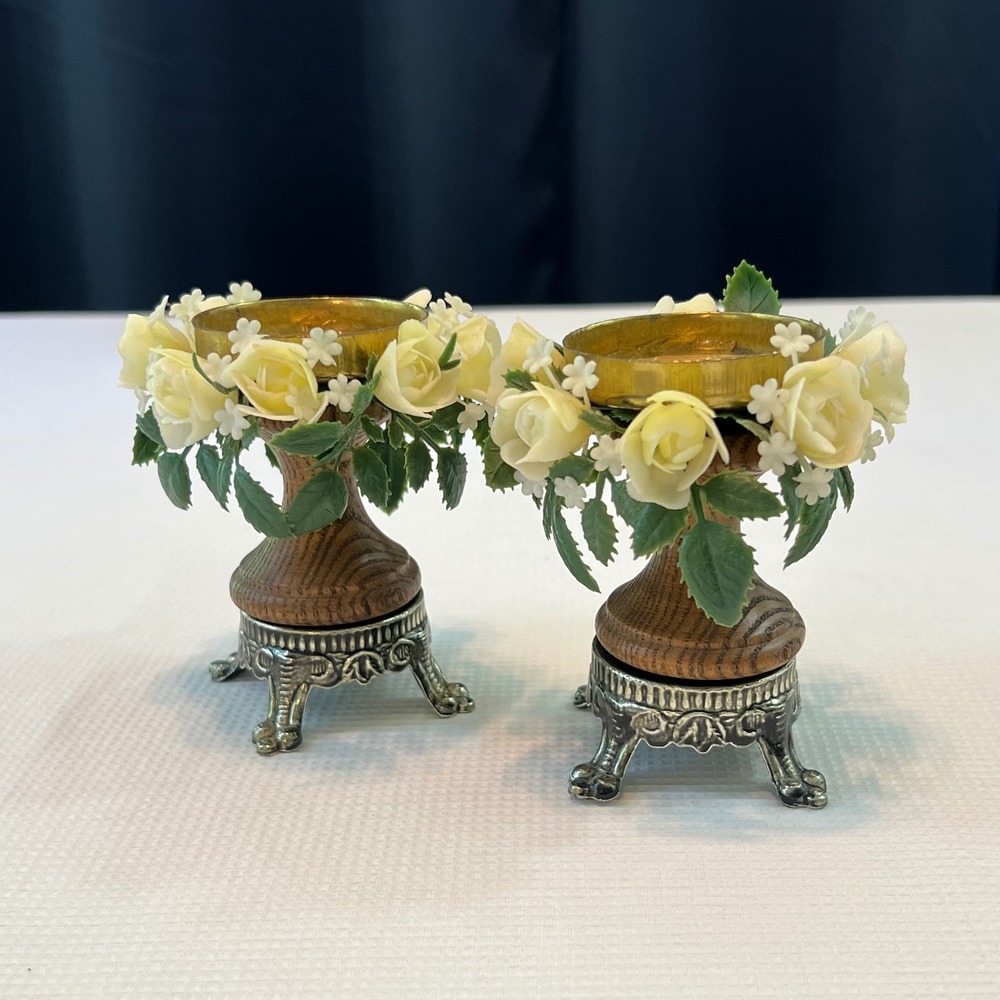 Vintage Floral Votive Candle Holder Set Silver Base Wood Footed Cream Roses